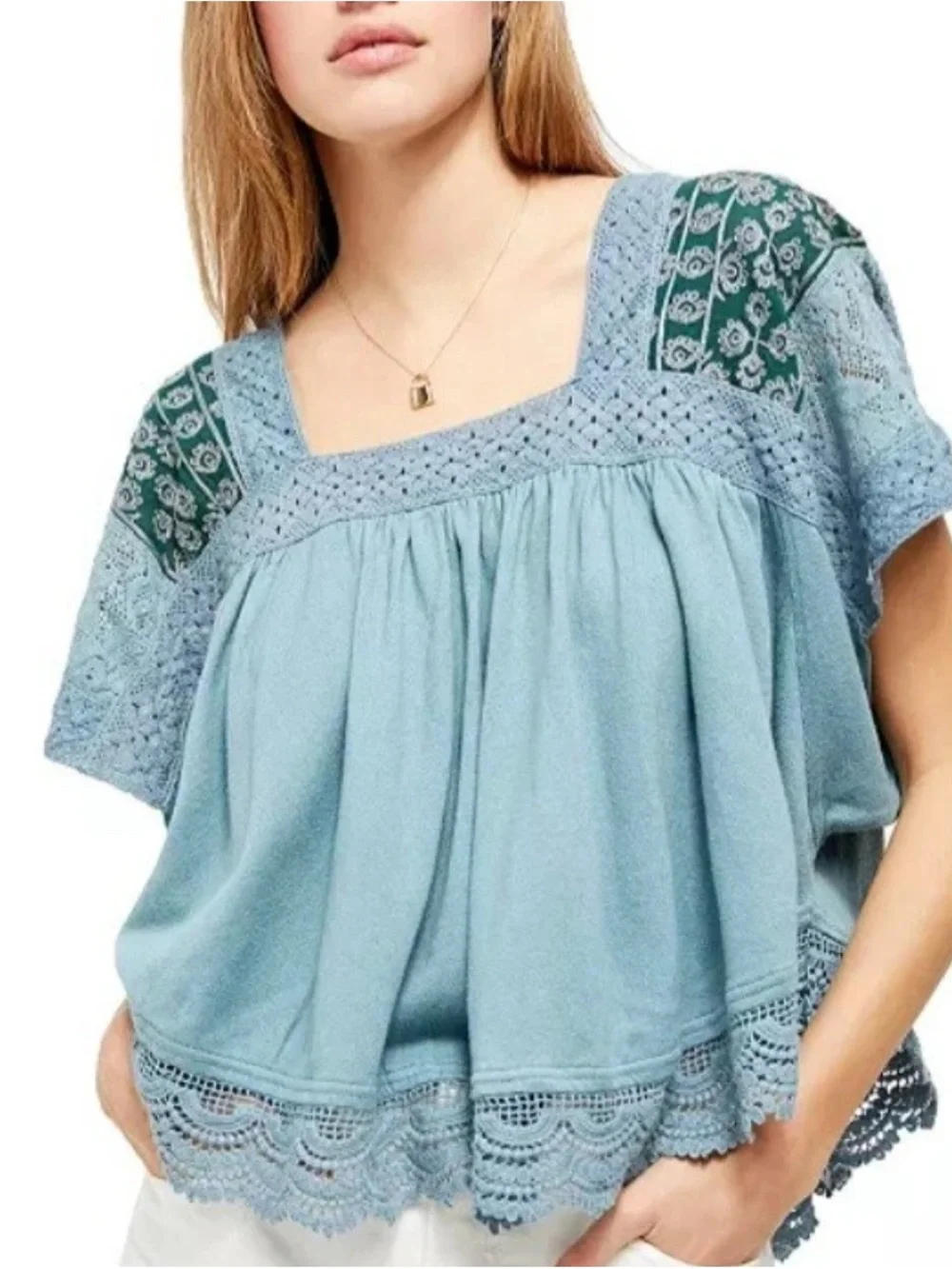 Free People Prairie Days Blue Boho Embroidered Pullover Top